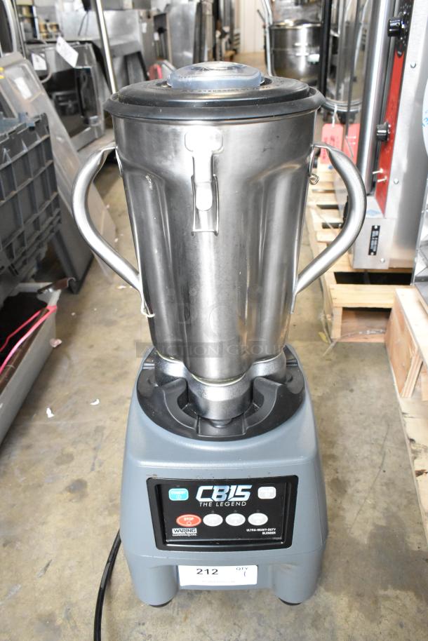Waring CB16N metal commercial countertop blender, 120 volts, 1 phase, with heavy-duty stainless steel container, in good condition.