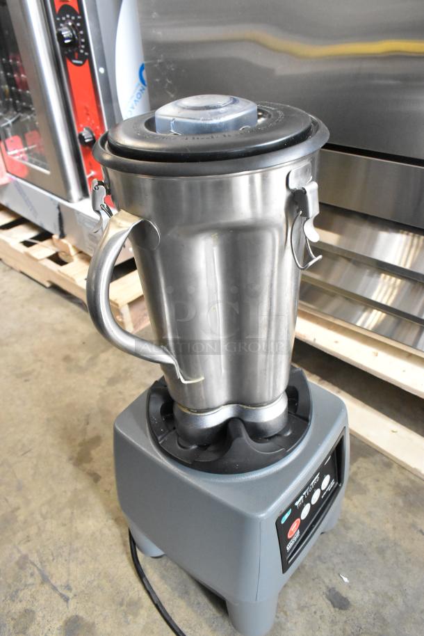 Waring CB16N metal commercial countertop blender, 120 volts, 1 phase, stainless steel jar, sturdy base, controls visible.