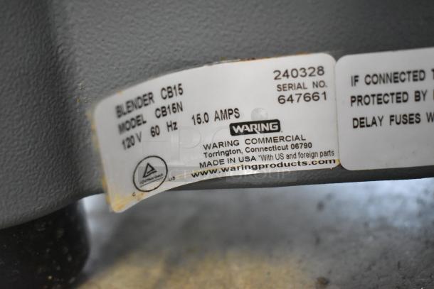Waring CB16N Metal Commercial Blender tag, showing model, 120V, 60Hz, 15A details, made in USA, serial 647661.