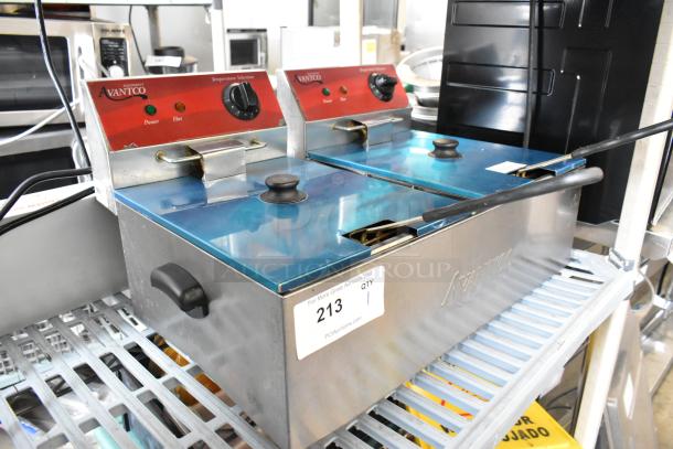 Avantco 177P102 stainless steel countertop electric fryer with two fry baskets and lids, 120V, 1 phase, visible model label.