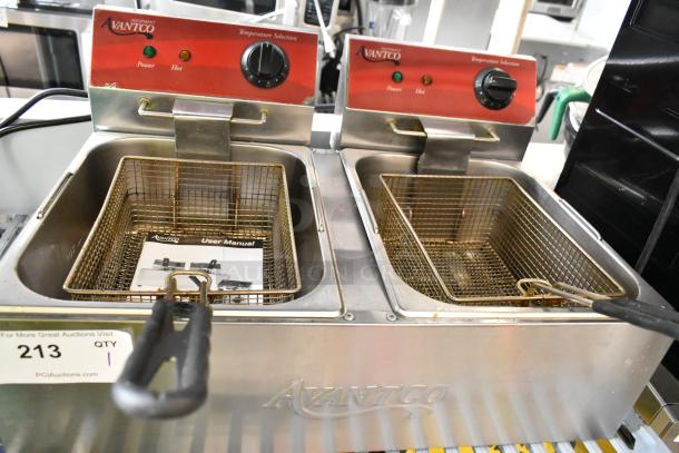 Avantco 177P102 stainless steel commercial deep fryer, dual baskets, with user manual; 120V, 1 phase, countertop model.