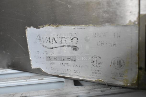 Avantco 177P102 stainless steel countertop electric fryer label, indicating 120V, 1 phase, includes 2 baskets and lids.