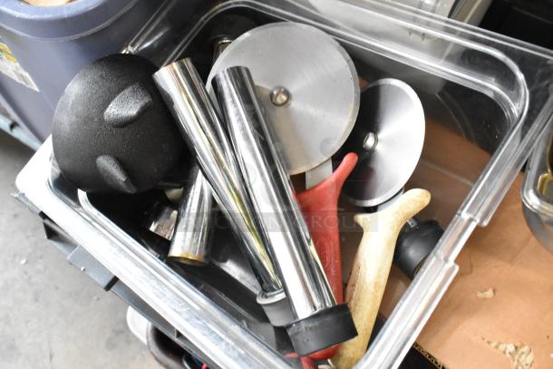 Tier lot of items including poly bins, metal utensils, and drop-in bins, shown in good condition.