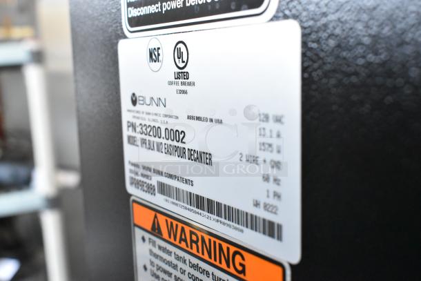2022 Bunn VPR Stainless Steel Coffee Machine label. Features 2 burners, 120V, 1 Phase. NSF and UL listed.