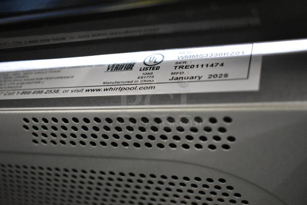 2025 Whirlpool WMMS3330RZ01 Stainless Steel Microwave, new scratch and dent, 120V, 1 phase. Label indicates model, serial, manufacture date.