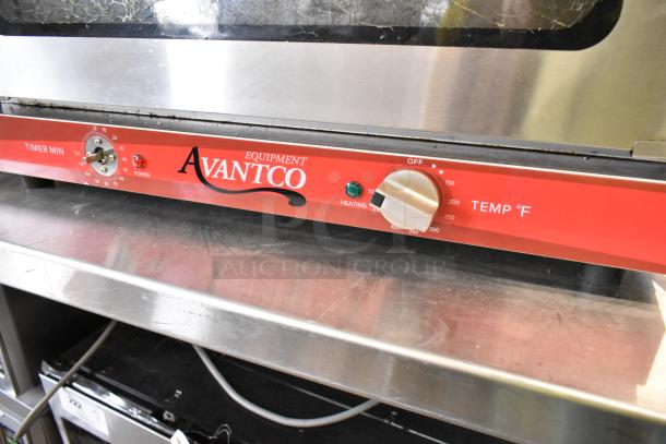 Avantco 177CO16 electric convection oven, stainless steel, broken glass visible, 120V, 1 phase, labeled controls.