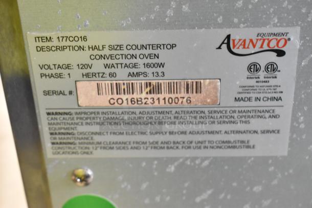 Avantco 177CO16 stainless steel convection oven label, 120V, 1600W, shows serial CO16B23110076. Note broken glass mention.