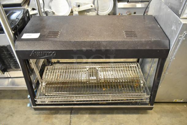 2023 Avantco 177HDC36 metal countertop heated display case, missing glass panel, 120V, 1 phase, brand name visible.