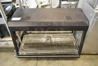 2023 Avantco 177HDC36 metal countertop heated display case, missing glass panel, 120V, 1 phase, brand name visible.