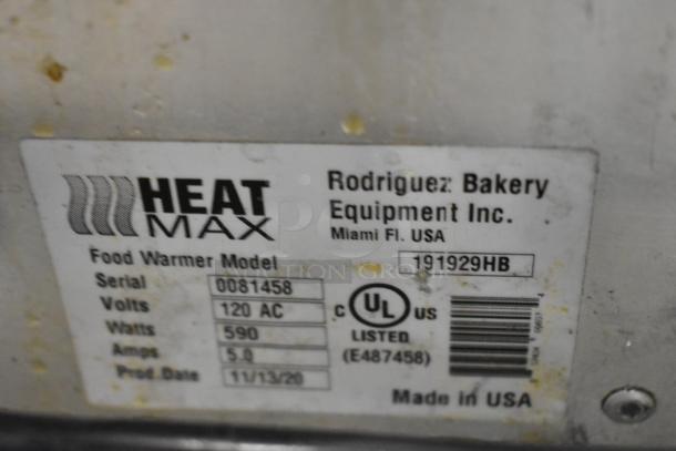 2020 Heat Max 191929HB metal heated holding cabinet label, 120 Volts, showing model and serial number. Made in USA.