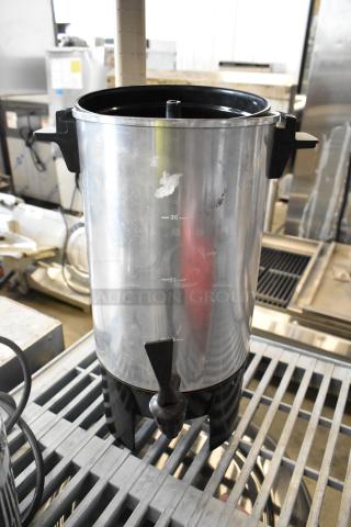 Metla Automatic Percolating Urn, no lid, 120 volts, with spigot. Used condition, visible markings indicate 20-30 cup capacity.