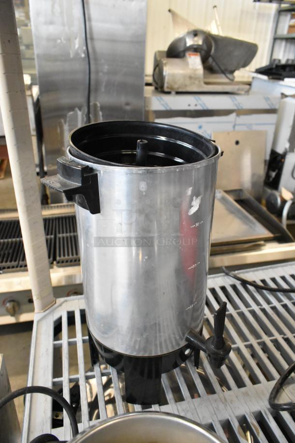Metla automatic percolating urn, no lid, 120 volts, 1 phase, stainless steel, visible wear, auction item.