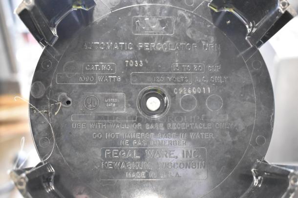 Black Metla Automatic Percolating Urn base, no lid. Labels show 120 volts, 1080 watts, made by Regal Ware, U.S.A.