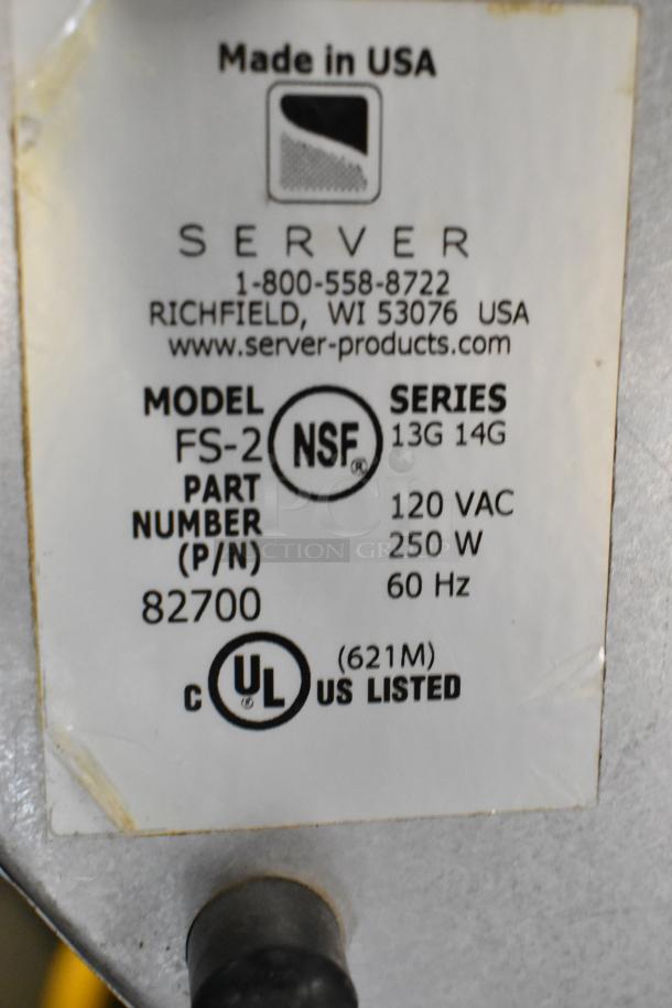 Server FS-2 Stainless Steel Countertop Food Warmer label showing model FS-2, 120 VAC, 250 W, NSF certified, UL listed.