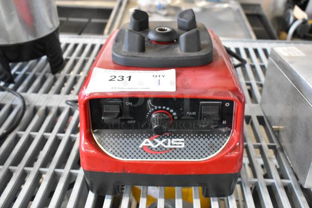 Red Axis Metal Countertop Blender Base, 120V, 1 Phase, with on/off and pulse controls. Auction label "231 QTY 1" visible.