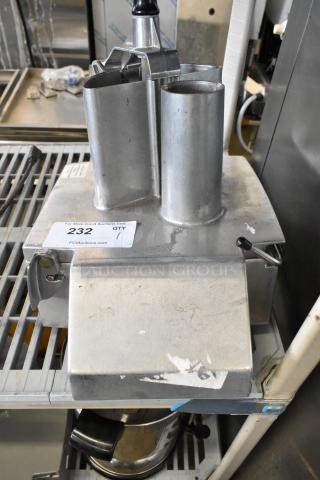 Metal commercial continuous feed head for food processor, showing minor wear. Auction tag indicating item number 232.