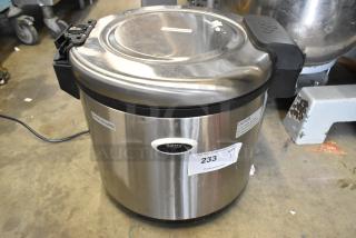 Galaxy 177RWG90 Stainless Steel Electric Rice Cooker, 120V, 1 Phase. Features "Caution: Hot Surface" labels and auction tag.
