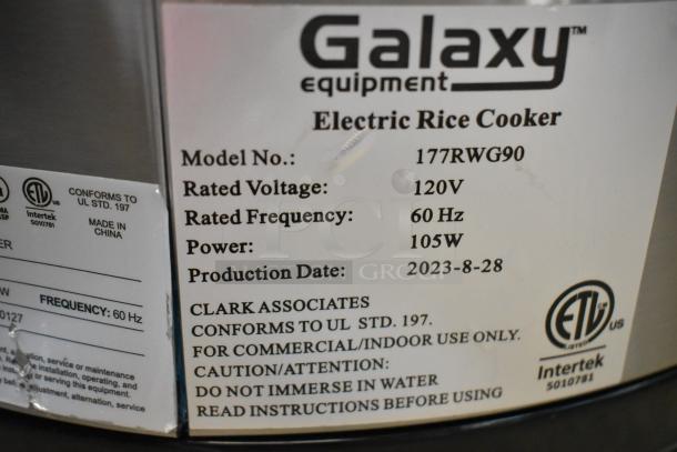 Galaxy 177RWG90 Stainless Steel Electric Rice Cooker, 120V, 1 Phase, 105W. Made in China, production date 2023-8-28.
