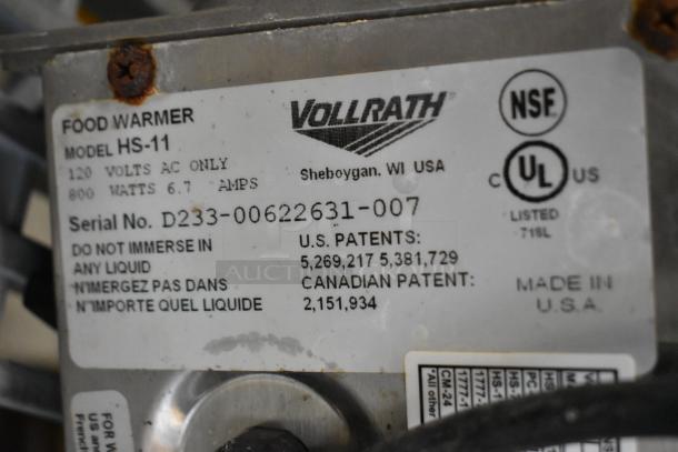 Vollrath HS-11 Metal Countertop Soup Kettle Food Warmer, 120V, 600W, 1 Phase. Label shows model, serial number, and certifications.