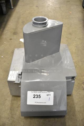 Metal countertop continuous feed head for food processor in good condition. Includes labeling with auction details.