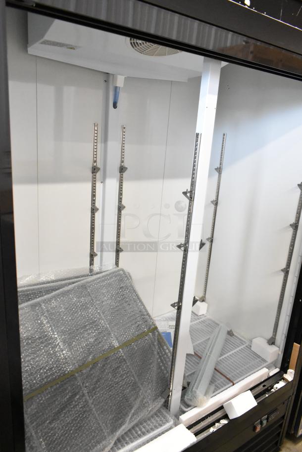 2025 Avantco 178GDS47HCB 53" black merchandiser refrigerator, missing doors, sliding glass, LED lighting, 115V, 1 phase.