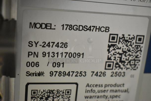 Avantco 178GDS47HCB label showing model, serial number, and QR code for product info.