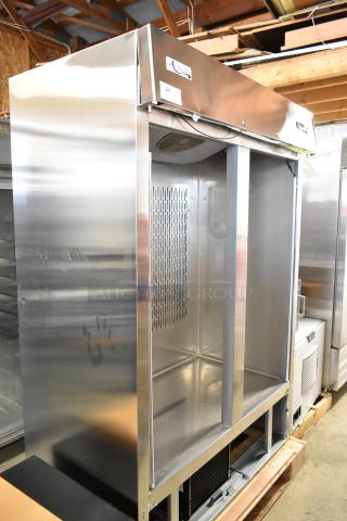 Avantco 178SS2RGHC 54" stainless steel refrigerator, missing doors, 115 volts, 1 phase, visible labels, no interior shelves.