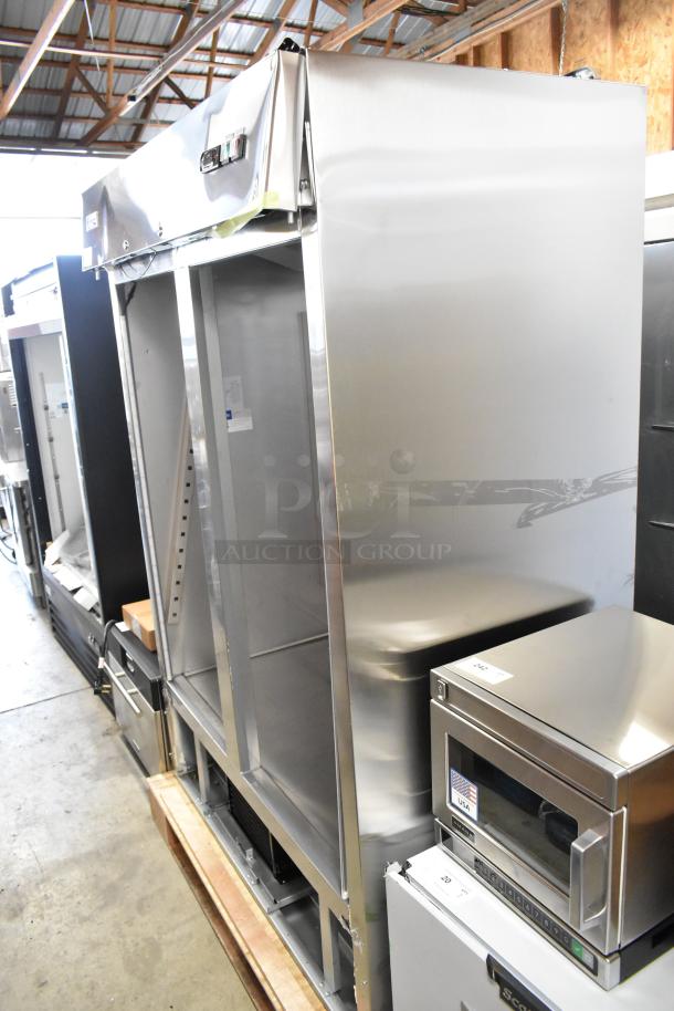 2025 Avantco 178SS2RGHC 54" stainless steel refrigerator, glass door model, doors missing, 115V, 1 phase, visible interior.