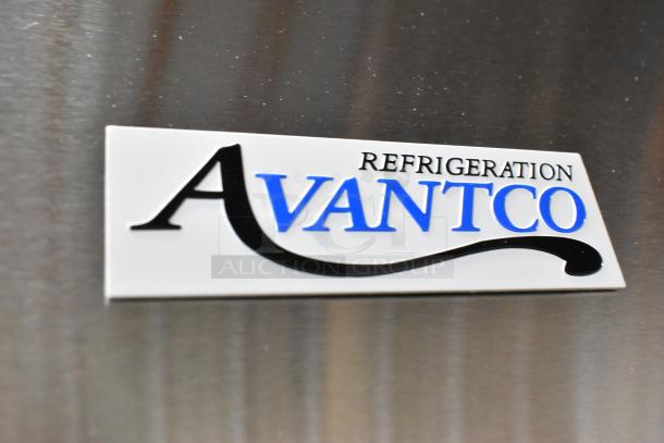 Avantco 178SS2RGHC logo on stainless steel surface, showcasing the brand details of the refrigerator model.