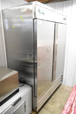 Brand new 2023 Avantco 178SS2FHC 54" stainless steel two-section solid door reach-in freezer with commercial casters.