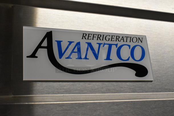 "Avantco 178SS2FHC label on 2023 54-inch stainless steel two-section reach-in freezer, new scratch and dent condition."