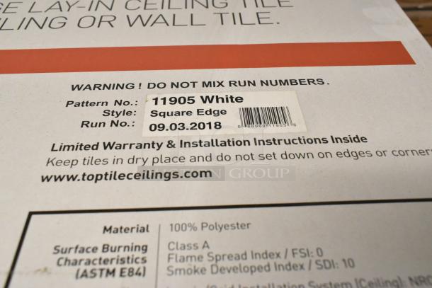 46 boxes of 10x 2'x2' Nominal 11905 White Square Edge Tiles, 100% polyester, Class A fire rating, unopened.