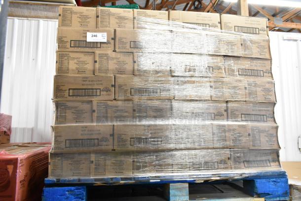 Pallet of 140 brand new boxes of Delight Half & Half Coffee Creamers, each containing 180 creamers, wrapped and ready for auction.