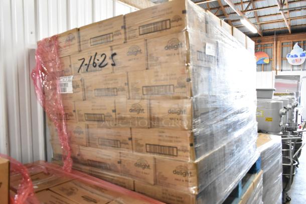 140 new boxes of Delight Half & Half coffee creamers, 180 per box, shrink-wrapped on pallet with visible labels.