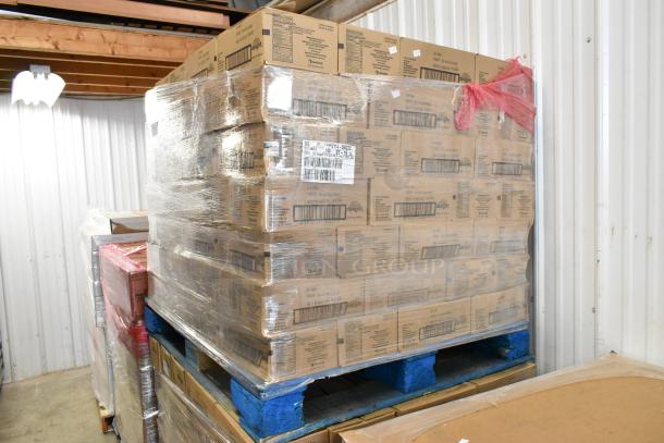 140 boxes of Delight Half & Half Coffee Creamers, each containing 180 creamers, stacked on a pallet, brand new.