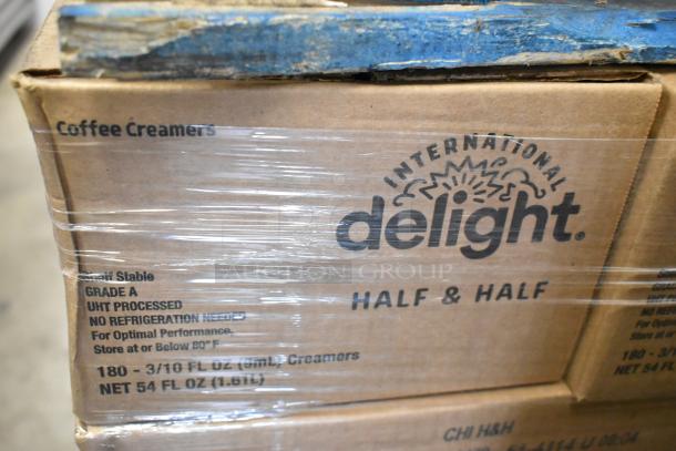 140 boxes of Delight Half & Half Creamers, each containing 180 creamers. Brand new, shelf-stable, no refrigeration needed.