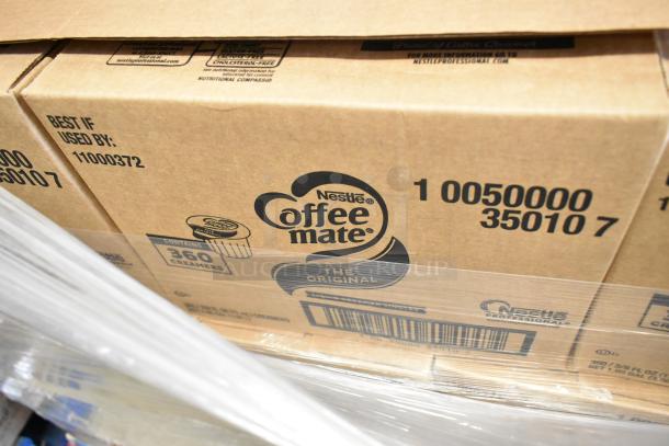 80 boxes of Nestlé Coffee Mate creamers, 360 per box, brand new, labeled "The Original," with expiration details.