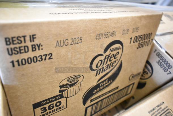 Boxes of Coffee Mate creamers with "Best if used by Aug 2025" and "Contains 360 Creamers" labels, brand new.