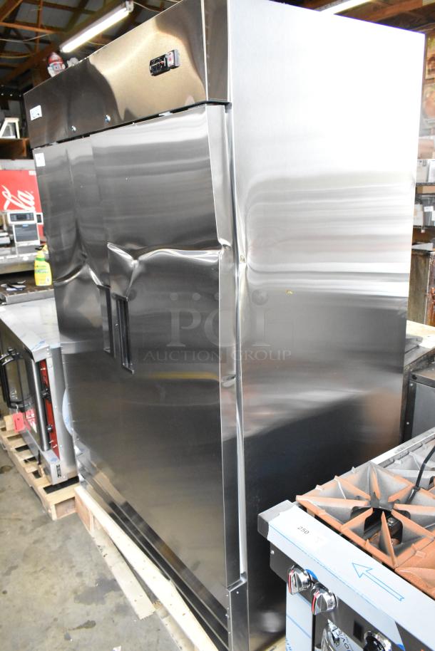 Brand new Avantco 178A49FHC 54" stainless steel reach-in freezer with visible dents, 115V, 1 Phase.