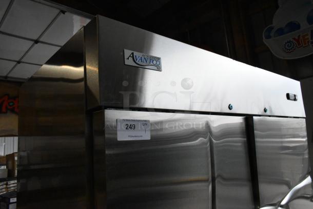 BRAND NEW Avantco 178A49FHC stainless steel 54" reach-in freezer. Visible scratch and dent. 115V, 1 Phase. Marked "249".