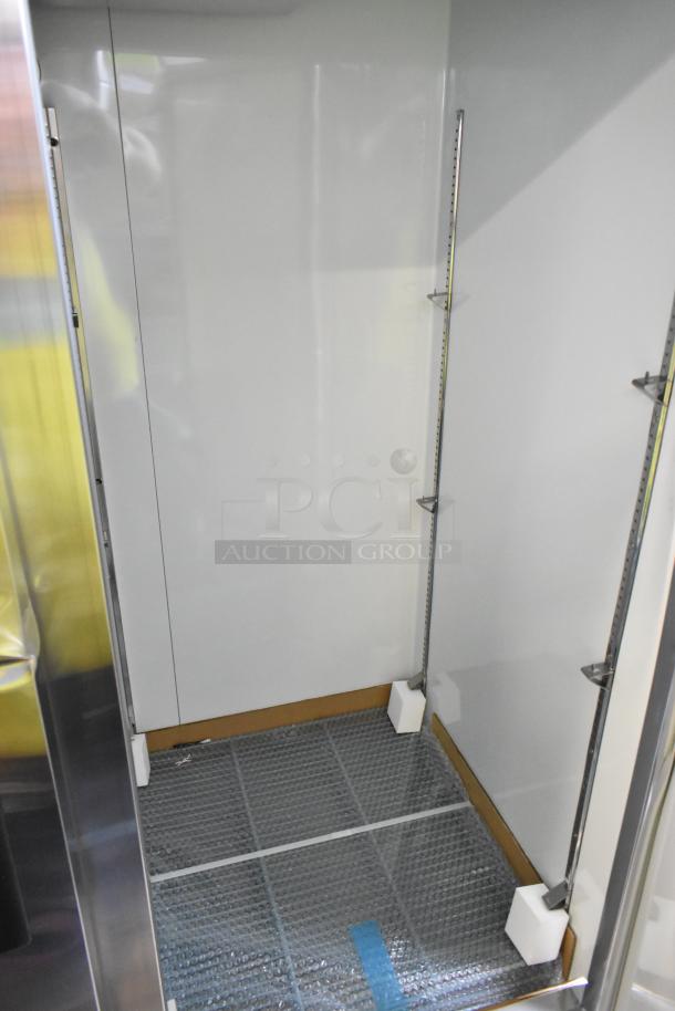 Brand new Avantco 178A49FHC stainless steel reach-in freezer, 54" solid door, 115V, 1 Phase, interior shelving setup.