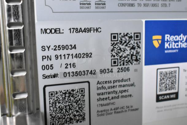 Label of Avantco 178A49FHC stainless steel freezer, showing model, serial number, product info, and QR codes.