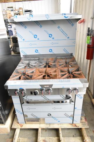 Brand new Southbend S361D 36" stainless steel gas range, 6 burners, standard oven, backsplash, overshelf, 203,000 BTU.