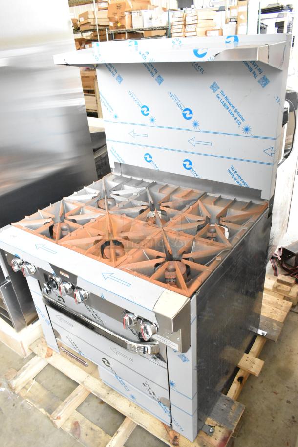 Southbend S361D stainless steel 6-burner range with oven, backsplash, 203,000 BTU, new with visible scratches and protective film.