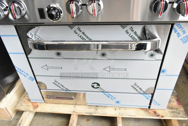 Brand new 2025 Southbend S361D stainless steel 36" gas 6-burner range with oven. Minor dents. 203,000 BTU. Tags on protective film.