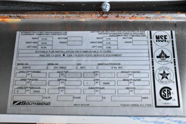 Label on Southbend S361D range, includes model number, serial number, gas type, certifications, and installation details.