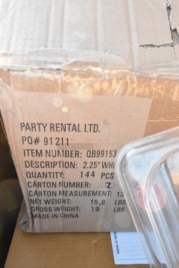 Cardboard box with label "Party Rental Ltd." containing 144 pieces of 2.25" white ramekins. Item number: QB99153.