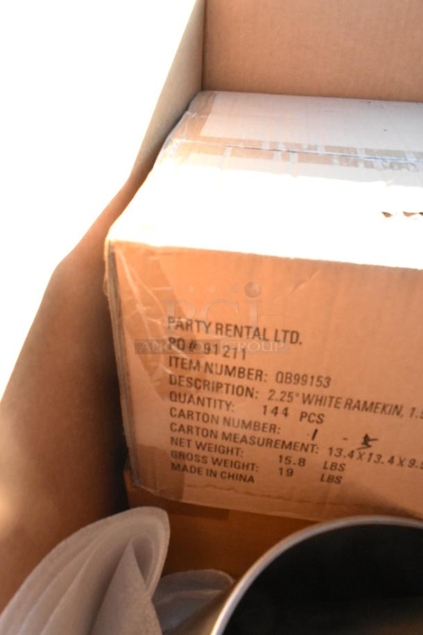 Pallet lot of items including stainless steel drop-in bins and 2.25" white ramekins, 144 pcs, carton labeled "Party Rental Ltd."