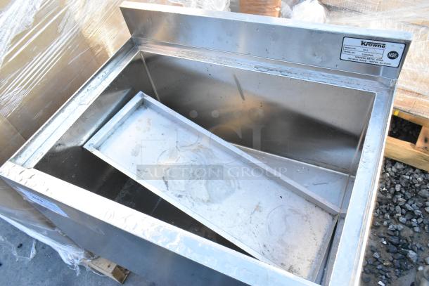 Krowne Stainless Steel Commercial Ice Bin with removable tray, model 18-3. Features NSF label, showing slight wear.