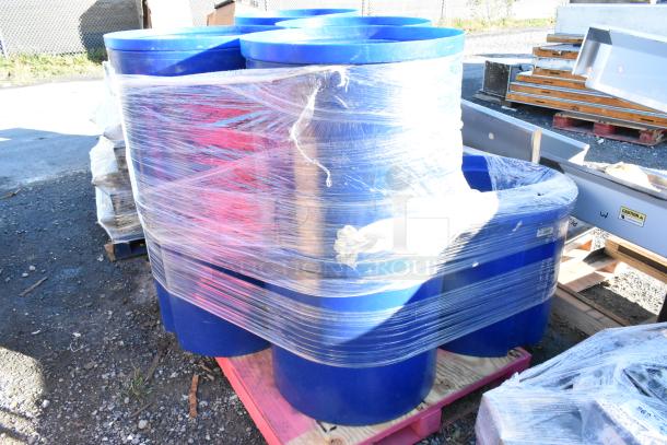 Set of 11 blue plastic trash cans wrapped on a pallet, ready for auction.